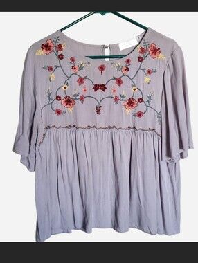 Sign Here purple floral embroidered blouse with red, pink, and yellow flowers,